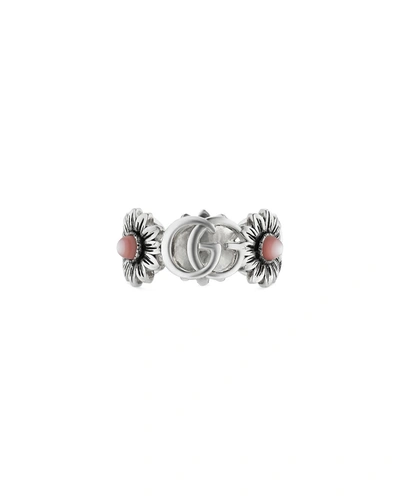 Gucci Gg Marmont Floral-motif Sterling-silver And Mother-of-pearl Ring In Pink Mother Of Pearl