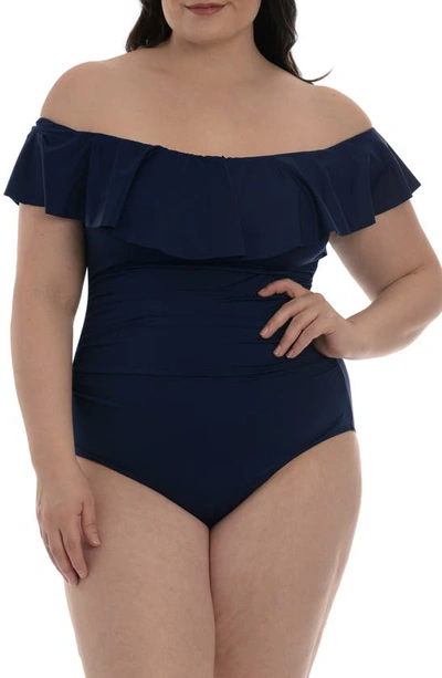 La Blanca Island Goddess Off-the-shoulder Ruffled Tummy-control One-piece Swimsuit Women's Swimsuit In Blue
