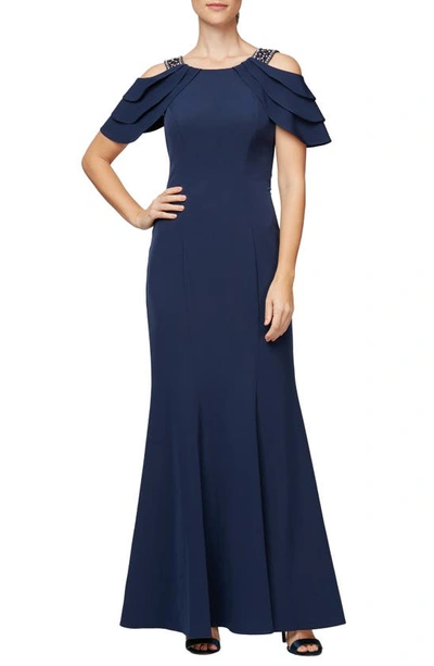 Alex Evenings Beaded Cold Shoulder Trumpet Gown In Navy