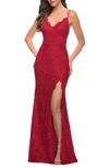 La Femme Strappy Back Lace Gown In Red