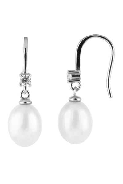 Splendid Pearls Sterling Silver Cz 7.5-8mm Freshwater Pearl Drop Earrings In Natural White