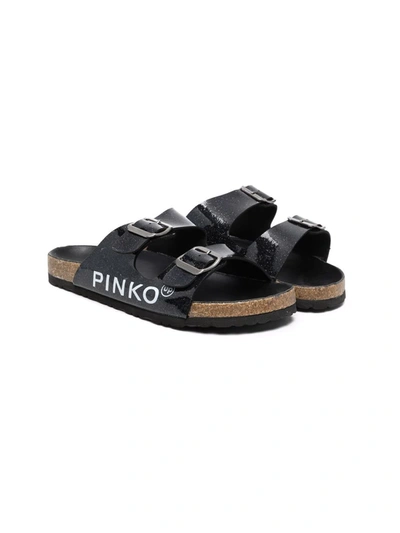 Pinko Teen Logo-print Buckled Slides In Black