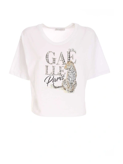 Gaelle Paris Cheetah And Rhinestone Print Crop T-shirt In White