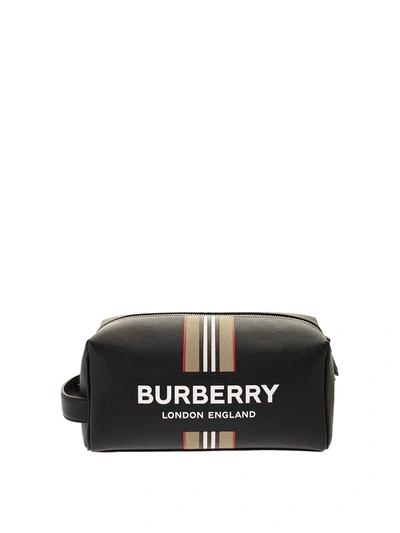 Burberry Icon Stripe Print Leather Pouch In Black