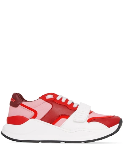 Burberry Ramsey Colorblock Mixed Leather Running Sneakers In Pink,red |  ModeSens