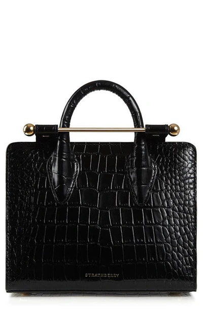 Strathberry Nano Croc Embossed Leather Satchel In Black