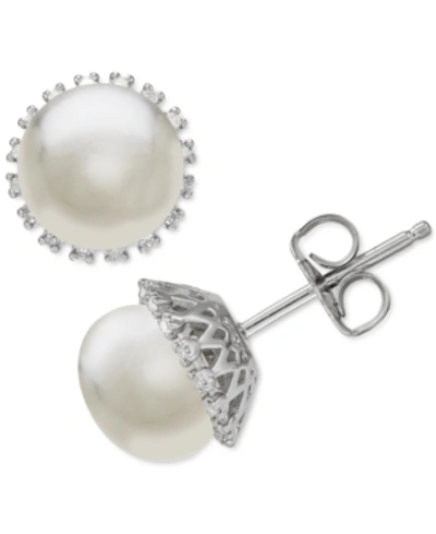 Macy's Cultured Freshwater Pearl (8mm) & Diamond (1/10 Ct. T.w.) Stud Earrings In Sterling Silver