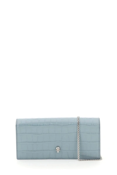 Alexander Mcqueen Clutch Skull In Pelle Stampa Coccodrillo In Blue Grey