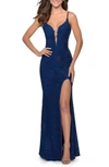 La Femme Lace Mermaid Gown In Navy