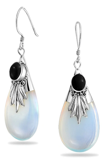 Bling Jewelry Sterling Silver Bezel Set Simulated Black Onyx & Opalite Drop Earrings In Multicolor
