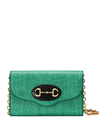 Gucci Horsebit 1955 Small Shoulder Bag In Emerald Green Straw Effect
