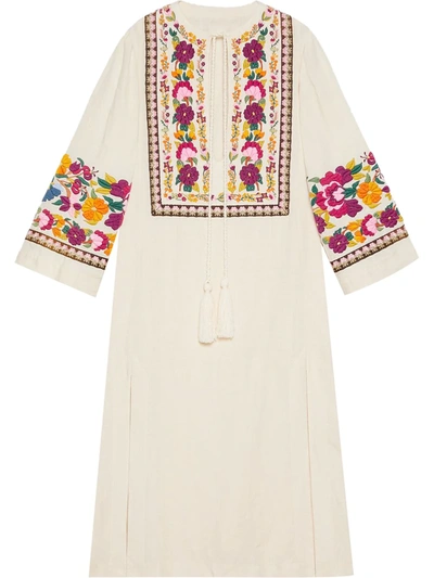 Gucci Floral Embroidery Organic Linen Kaftan In Weiss