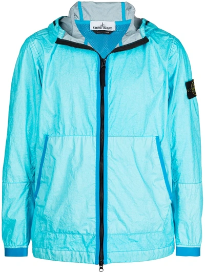 Stone Island Hooded Zipped Jacket Turquoise In Blue