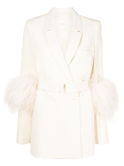 Lapointe Belted Crepe Blazer W/ Feather Trim In Cream