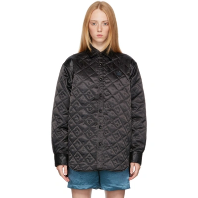 Acne Studios Face Logo Embroidered Patch Quilted Satin Shirt Jacket In Black
