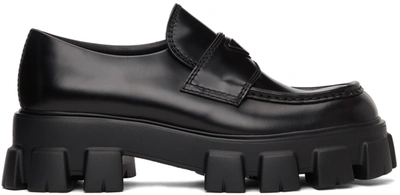 Prada Men's Monolith Lug-sole Brushed Leather Loafers In F0002nero
