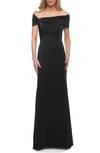 La Femme Simply Chic Off The Shoulder Jersey Gown In Black