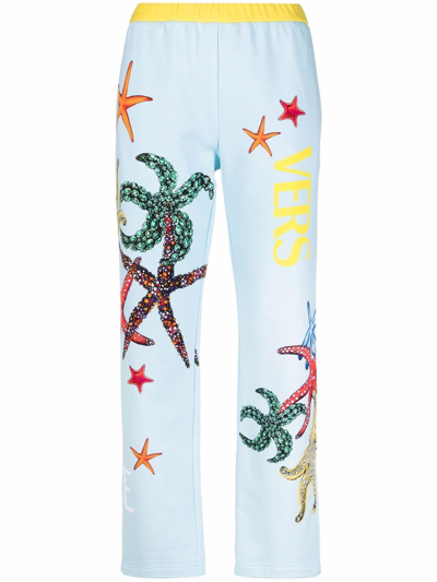 Versace Cropped Printed French Cotton-terry Track Pants In Sky Blue