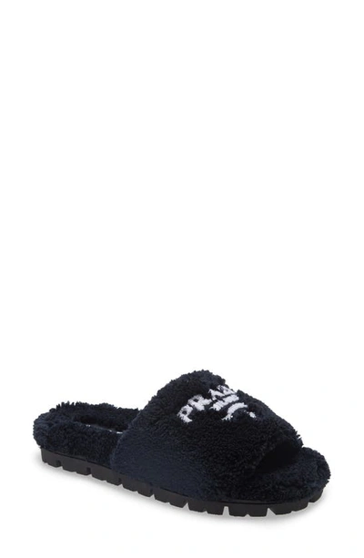 Prada Logo-embroidered Slippers In White/black