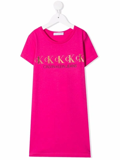 Calvin Klein Kids' Metallic Logo-print T-shirt Dress In Pink