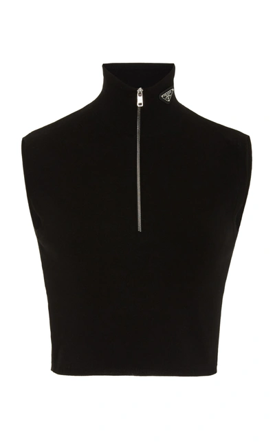 Prada Women's Logo-detailed Ribbed Jersey Turtleneck Crop Top In Black