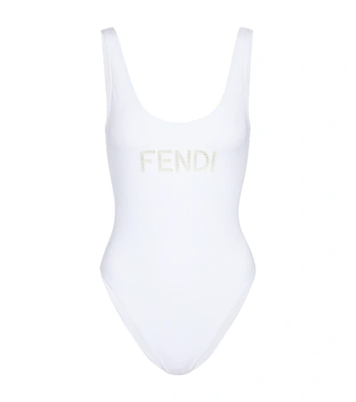 Fendi Embroidered Logo Cut-out Swimsuit In White