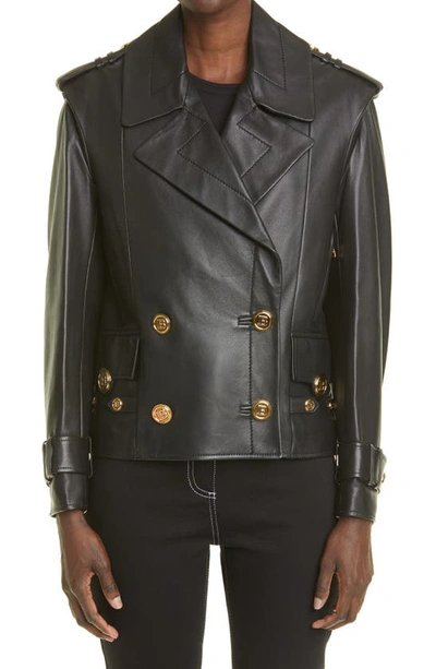 Balmain Oversize Leather Peacoat In Noir