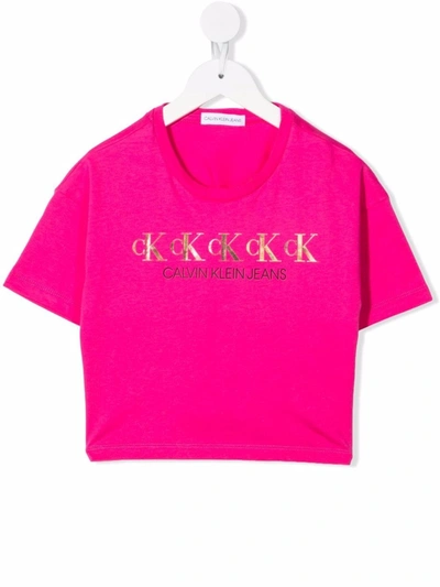 Calvin Klein Kids' Logo-print Cotton T-shirt In 粉色