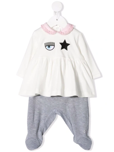 Chiara Ferragni Babies' Embroidered Cotton Blouse And Trouser Set In Cream + Grey