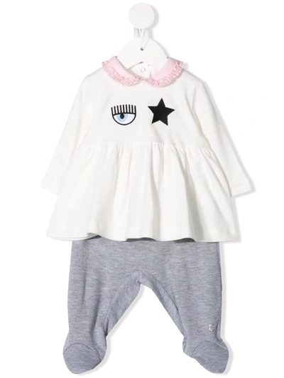 Chiara Ferragni Babies' 刺绣双面棉t恤&裤子 In Cream + Grey