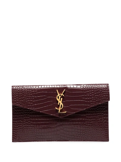 Saint Laurent Uptown Crocodile-effect Clutch Bag In 红色