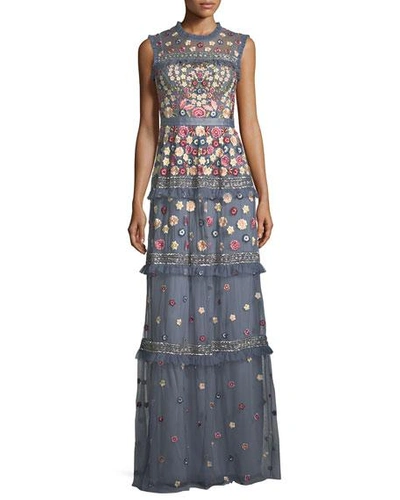 Needle & Thread Floral-embroidered Jet Sleeveless Tulle Evening Gown In Blue
