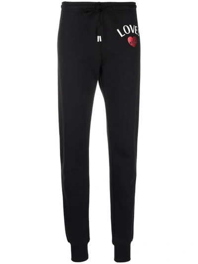 Love Moschino Glittered Printed French Cotton-terry Track Trousers In Black
