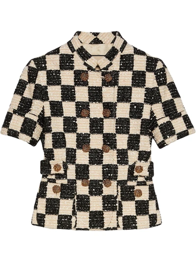 Gucci Check Tweed Short-sleeved Jacket In Ivory And Black