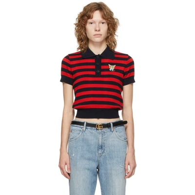 Gucci Navy & Red Stripe Cat Patch Polo In Blue And Red