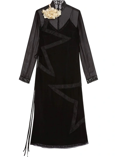 Gucci Floral Appliqué Silk Chiffon Dress In Black