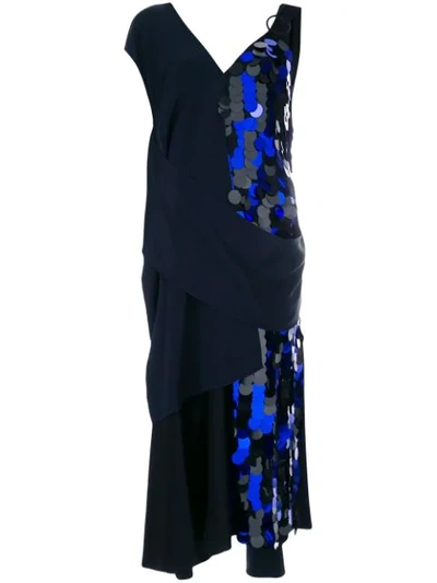 Diane Von Furstenberg Asymmetric Draped Silk Midi Cocktail Dress W/ Paillettes In Black
