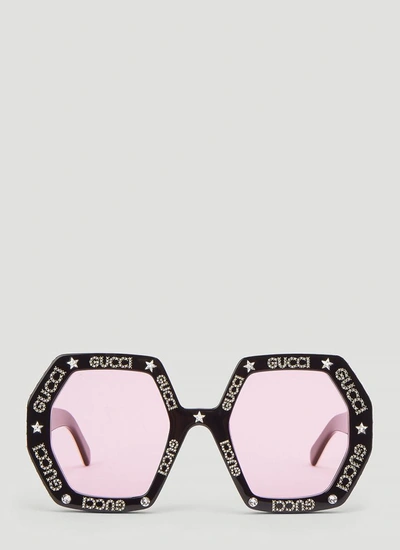 Gucci Oversized Embellished Star Branded Sunglasses Black In Pink