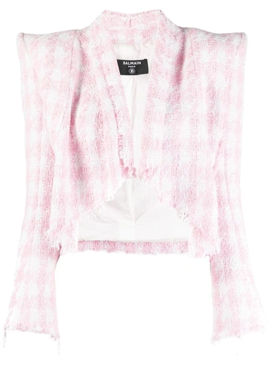 Balmain Strong-shoulder Houndstooth Tweed Jacket In White/pink