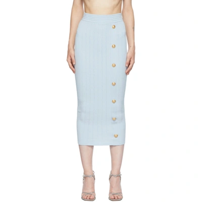 Balmain Blue Rib Knit Button Mid-length Skirt