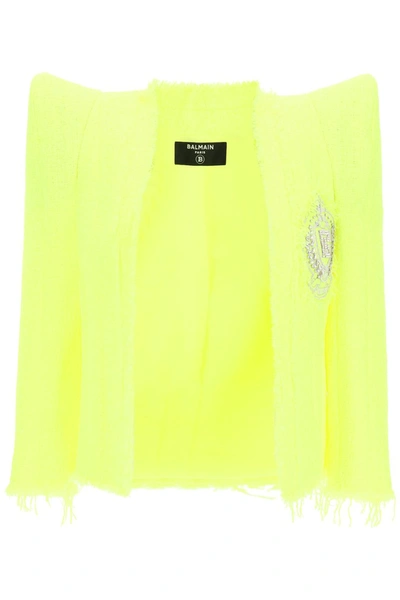 Balmain Neon Tweed Jacket With Logo Embroidery In Jaune Fluo