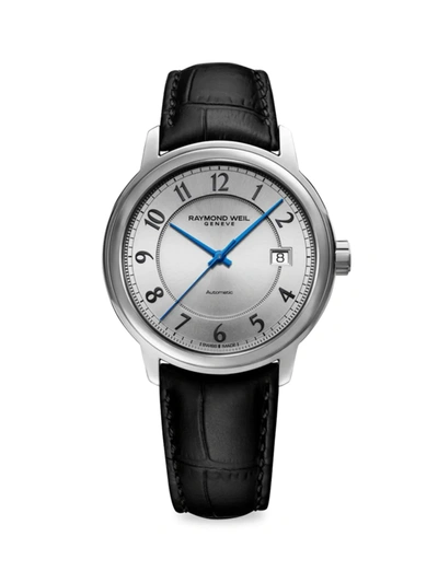 Raymond Weil Maestro Stainless Steel Leather Strap Watch In Black