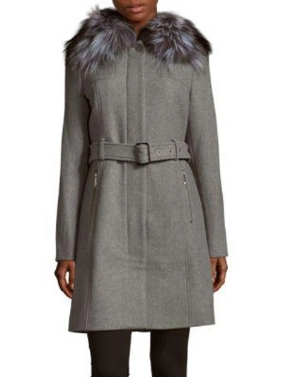 Michael Kors Natural Fox Fur Collar Long Coat In Grey