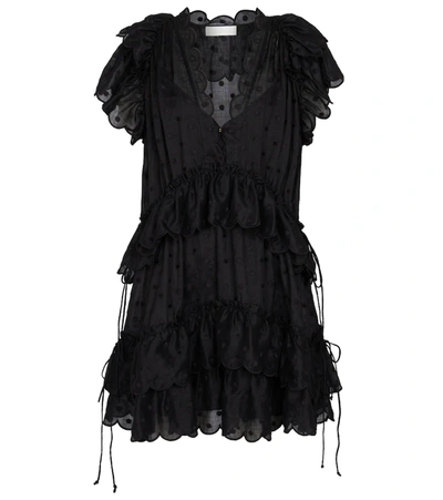Zimmermann Mae Dot-embroidered Ramie-voile Mini Dress In Black