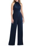 After Six Dessy Collection High-neck Open-back Jumpsuit With Scarf Tie In Blue