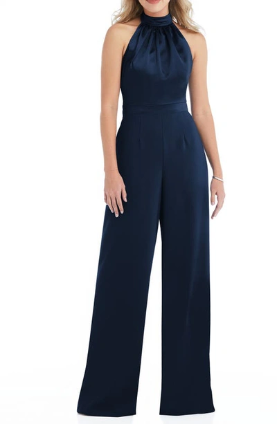 After Six Dessy Collection High-neck Open-back Jumpsuit With Scarf Tie In Blue