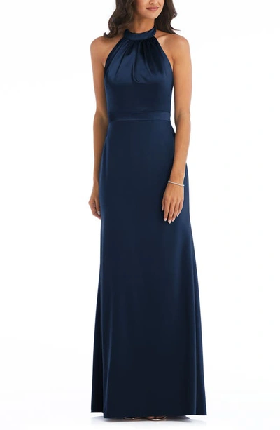After Six Halter Neck Charmeuse & Crepe Gown In Blue