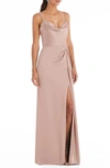 Dessy Collection Cowl-neck Draped Wrap Maxi Dress With Front Slit In Toasted Sugar