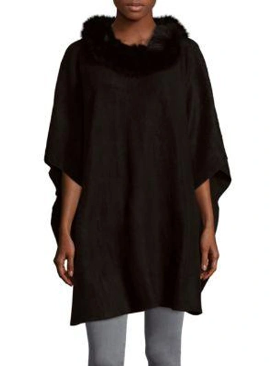 Adrienne Landau Knit Fox Fur Trimmed Poncho In Black