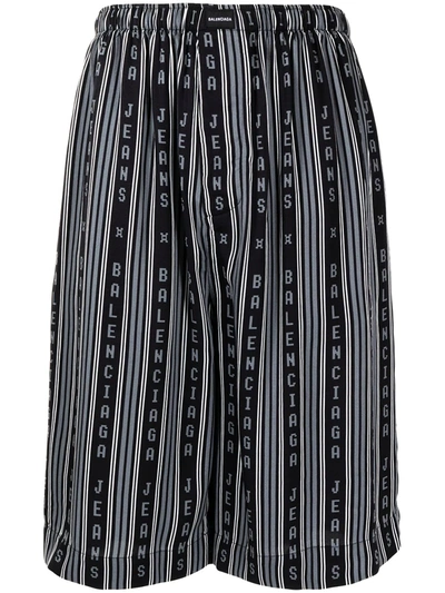 Balenciaga Wide-leg Logo-print Striped Twill Shorts In Grey